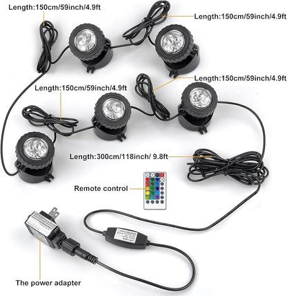 RGB Pond Lights with Timer, Super Bright LED Underwater Submersible Fountain Light,Remote Control IP68 Waterproof Colorful Landscape Spotlights for Fish Aquarium Tank Garden Yard Pool(Set of 5)