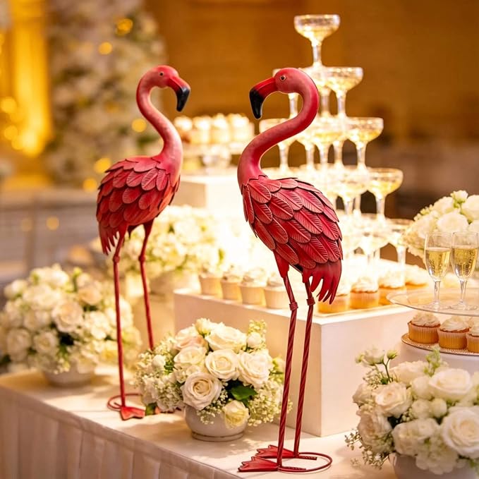 YOUKI Metal Yard Art Flamingo Decor Pink Flamingos for Yard Garden Statues Red Flamingo Yard Art Outdoor Sculptures for Outside Home Patio Lawn Ornaments Backyard Decor, Set of 2