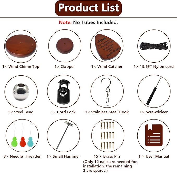 SPNKMJUJ Wind Chime Replacement Parts, 28 PCS Windchime Repair Kit Including Round Top, Clapper, Wind Catcher, 19.6FT Nylon Cord, DIY Wind Chime Supplies, Gift for Mom