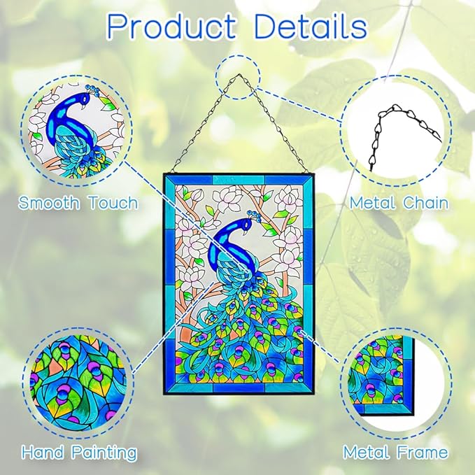 VEWOGARDEN W10 xH15 Peacock Art Glass Suncatcher Hand Painted Stained Glass Window Hangings Panel Decor with Chain