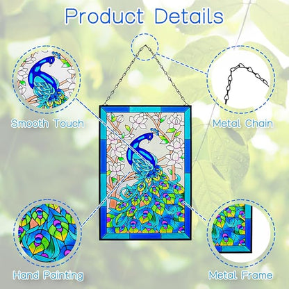 VEWOGARDEN W10 xH15 Peacock Art Glass Suncatcher Hand Painted Stained Glass Window Hangings Panel Decor with Chain