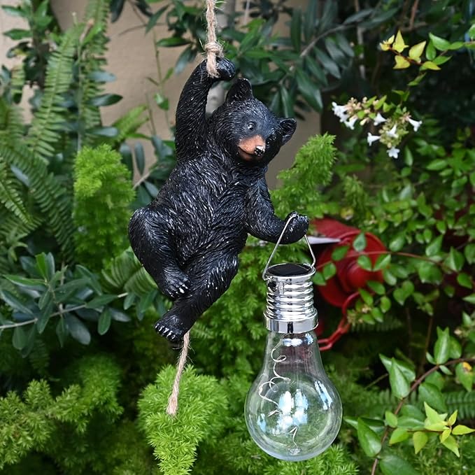 Solar Bear Statues Outdoor: Hanging Garden Decor for Outside Cabin Porch Light Yard Decorations Tree Ornaments Small Resin Figurines Funny Gifts Mama Women