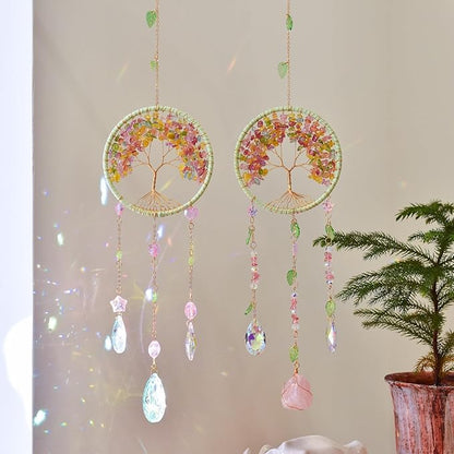 Crystal Tree of Life Dream Catchers Crystal Suncatcher with Crystal Prisms Hanging Suncatcher for Window Garden Patio Balcony Bedroom Crystal Gift for Girls Boys Audlts