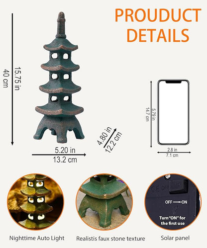 Nacome Solar Pagoda Garden Statues: 15.7 inches Multi-Layer Outdoor Waterproof Resin Zen Decor for Landscape Balcony Patio Porch Yard Ornament(Bronze)