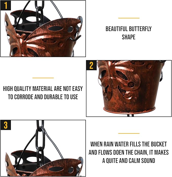8.5FT Rain Chains for Drain Gutter Through Downspouts and Rain Barrel with Rain Chain Gutter Adapter - Outdoor Rust-Resistant Plated Iron and Thick Chain Garden Décor (Bronze-Butterfly)