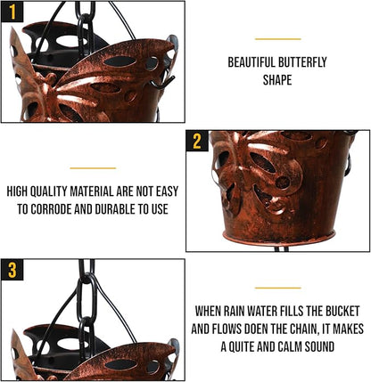 8.5FT Rain Chains for Drain Gutter Through Downspouts and Rain Barrel with Rain Chain Gutter Adapter - Outdoor Rust-Resistant Plated Iron and Thick Chain Garden Décor (Bronze-Butterfly)