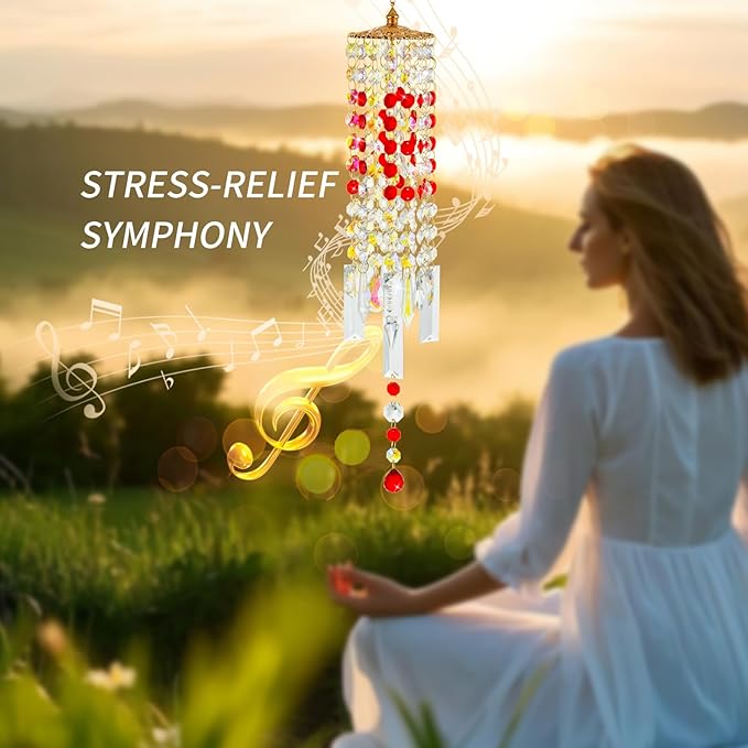 Crystal Wind Chimes for Outside with Rainbow Light Reflections Glass Bells and Rose Gold Alloy Hooks Indoor Outdoor Decor for Home Garden Patio Porch Birthday House Warming (Red-Love)