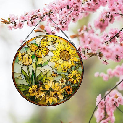 Stained Glass Window Hanging, Sunflower Floral Suncatcher for Window Doors Garden Home Decoration, Spring Colorful Glass Panel Ornaments for Women,Men,Wife, Lovers, and Mom 7.8x7.8 in