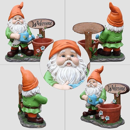 Gnome Garden Statue Planter with Welcome Sign, Waterproof Outdoor Resin Flower Pot, Yard Lawn Patio Decor, Front Porch Ornament Housewarming Gift(Orange Hat Gnome)