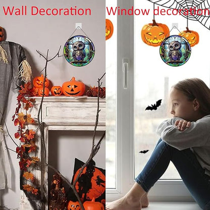 Baby Owl Suncatcher Stained Glass,Hanging Stained Glass for Windows for Animal Lovers,20cm/7.87inch Hand-Painted Sun Catcher Garden Hangings Ornaments Halloween Fall Christmas Decor for Home