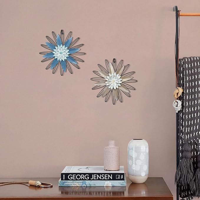 LIFFY Metal Flowers Wall Arts, 2 Pieces 3D Minimalist Flower Wall Decor for Living Room, Bedroom, Sunroom and Outdoor Spaces, Housewarming Gifts(11", blue&khaki)