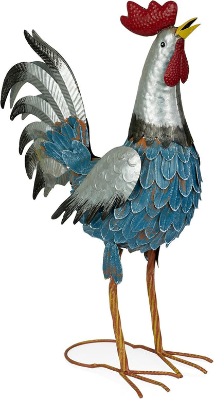 Alpine Corporation 23" Tall Outdoor Metal Silver Tail Rooster Statue with Vibrant Design, Garden Decor, Silver/Blue
