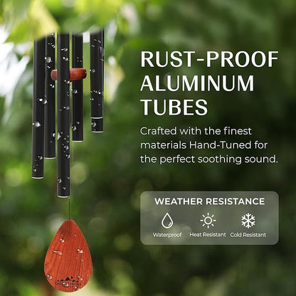 UpBlend Wind Chimes for Outside Gift – Deep Tone Wind Chime with Decorative Stone – Porch & Patio Decor, Elegant Outdoor Ornament, Garden Gifts. 28” Black.