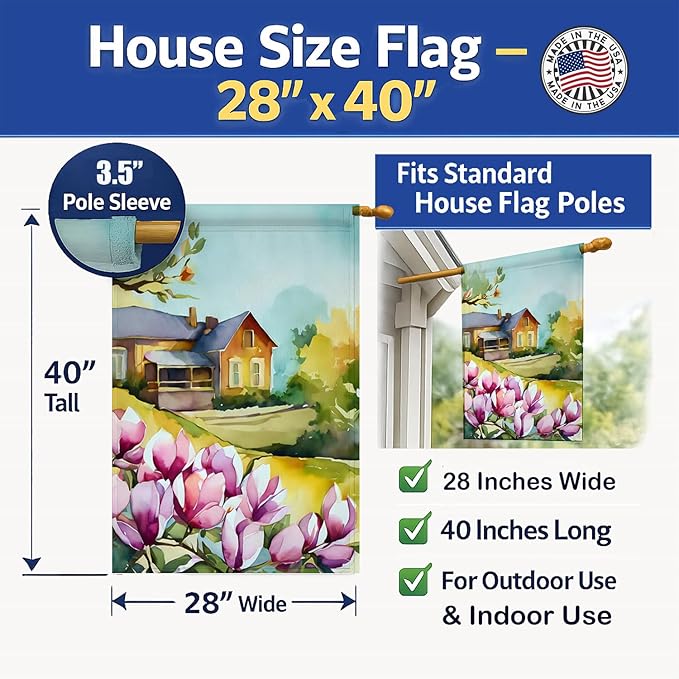 Caroline's Treasures Louisiana Magnolias in Watercolor House Flag Large Porch Sleeve Pole Decorative Outside Yard Banner Artwork Wall Hanging, Polyester, House Size, Multicolor