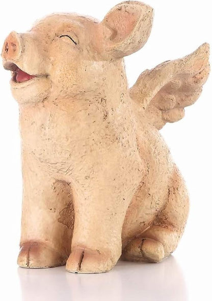 HI-LINE Laughing Pig with Wings Outdoor Garden Statue - 8.75" - Pink