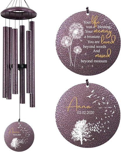Sympathy Wind Chimes, Personalized Wind Chime for Loss of Loved Ones, Customized Tree Bird Wind Chimes, Commemorative Dandelion Wind Chime Deep Tone 36inch (Produced in USA)