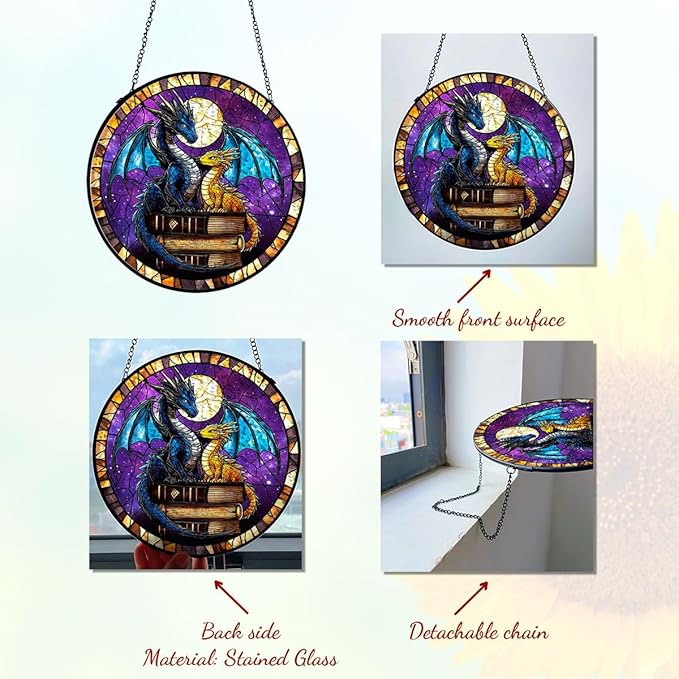 GENANY Dragon Book Stained Glass Window Hanging, Sun Catcher with Metal Chain and Hook, Bookish Gifts for Women Friends Family, Garden Decor, Housewarming Gifts, Outdoor Decor
