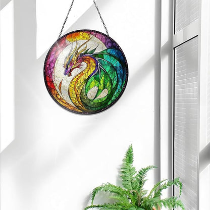 Bimkole Dragon Stained Glass Suncatcher Window Hanging - Animals Indoor Window or Doorway Decoration - Handmade Sun Catcher Decor for Garden Home Christmas & Birthday Gifts 7.87x7.87 Inch