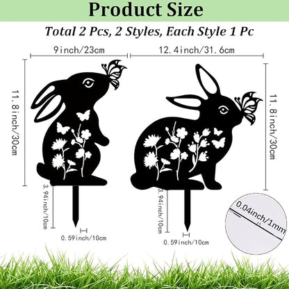 CREATCABIN 2Pcs Rabbit Metal Decor for Outside Black Rabbit Stake Rabbit Garden Decor Art Bunny Silhouette Statues Garden Decorative Ground Insert Lawn Ornaments for Outside Outdoor 9/12.4x11.8Inch