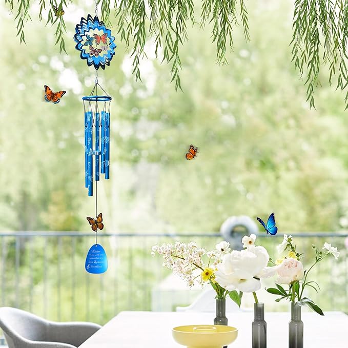 33inch Butterfly Wind Chimes Outdoor | Deep Tone Sympathy Memorial Wind Chime with 3D Spinner, Hanging Garden Decor, Butterfly Gift for Women/Mom/Grandma