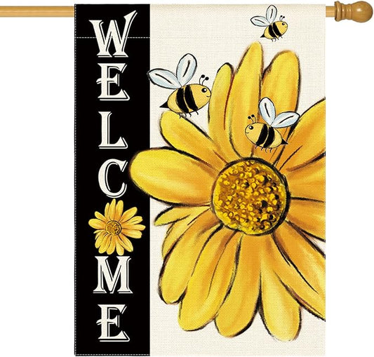 AVOIN colorlife Spring Summer Bee Sunflower House Flag 28x40 Inch Double Sided, Welcome Holiday Yard Outdoor Decoration