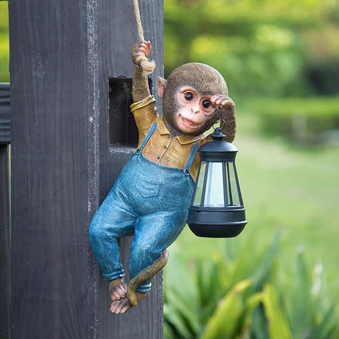 Outdoor Monkey Sculpture Hanging Monkey Garden Statue with Solar Lantern, 13 x 5.5 x 3.93 inches, Decorative Resin Outdoor Sculpture