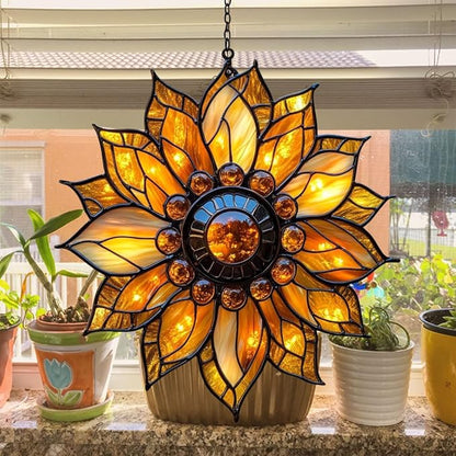 Sunflower Faux Mosaic Acrylic Suncatcher Stained Glass Effect Window Car Hanging Christmas Ornament Indoor Outdoor Decor Garden Sun Catcher Panel for Sunflower Lover for Women Mom Grandma