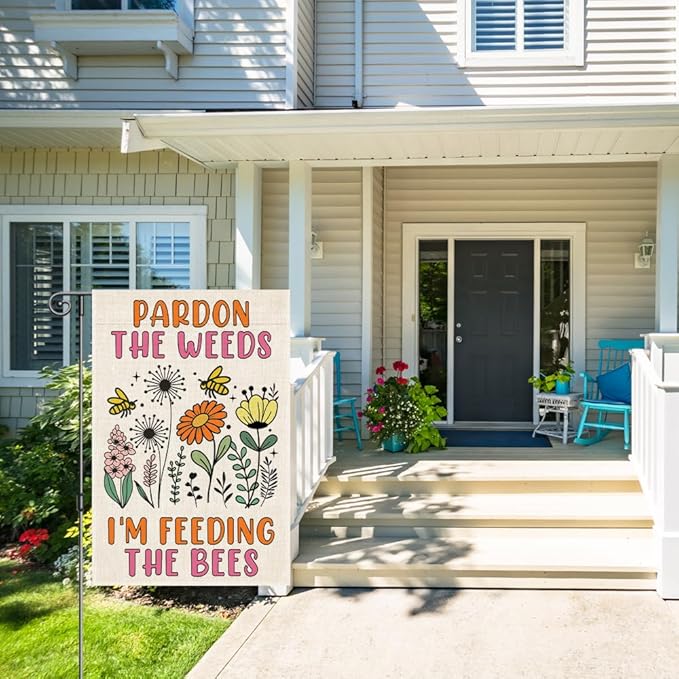 Perfectinsoy Pardon the Weeds I'm Feeding the Bees Garden Flag, No Mow Sign, Bee Keeper Yard Decor, Pollinator Garden Sign, Welcome Backyard Farmhouse Spring Outdoors Decor, Wildflower Bee Lover Gifts
