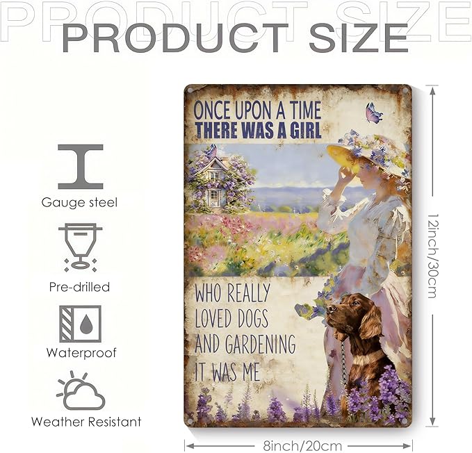 Garden Signs for Outside, Funny Metal Signs for Home Garden Patio Yard - A Girl Loves Dogs and Gardening, Vintage Gardening Gifts for Women, Wall Decor 12" x 8"