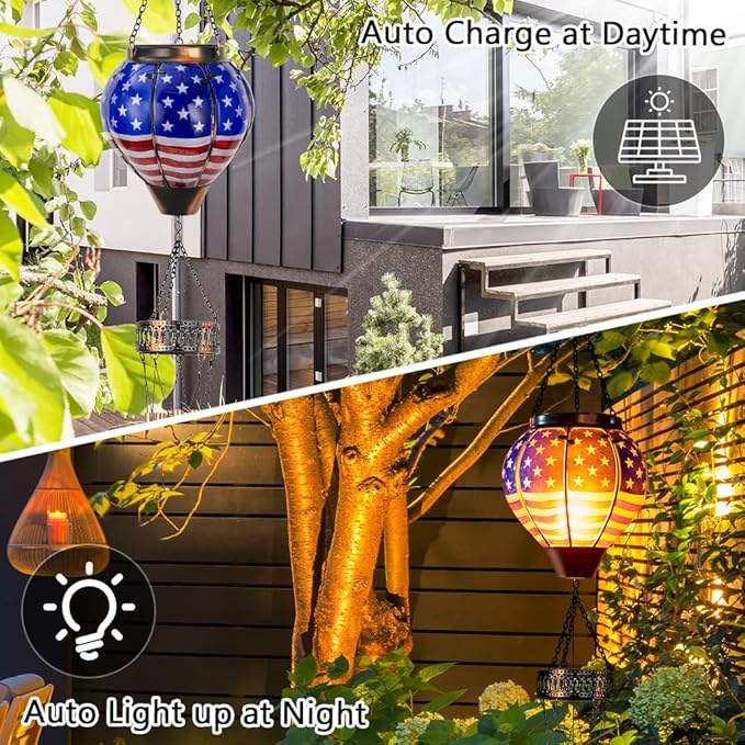 Starsoul Solar Wind Chimes for Outside, American Flag Hot Air Balloon with Flickering Flame Solar Wind Chime, Glass Windchimes Outdoors Garden Decor, Gift for Mother's Day Mom Grandma