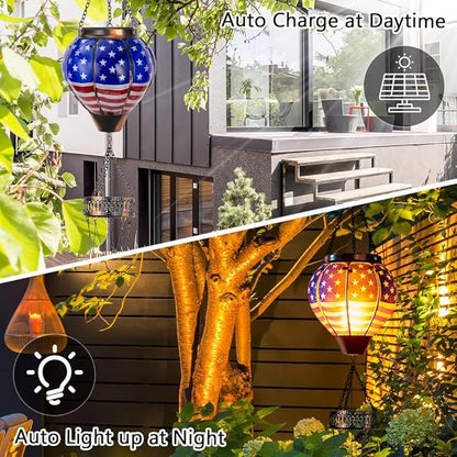 Starsoul Solar Wind Chimes for Outside, American Flag Hot Air Balloon with Flickering Flame Solar Wind Chime, Glass Windchimes Outdoors Garden Decor, Gift for Mother's Day Mom Grandma