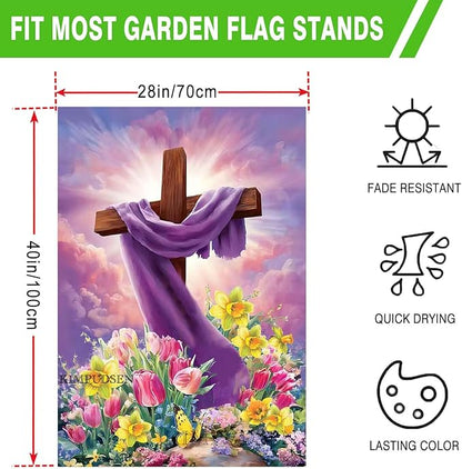Spring Summer Easter House Flag 28x40 Inch Double Sided Large Burlap Cross Tulip Lily Flower Yard Garden Flags for Seasonal Farmhouse Outside Outdoor Decoration