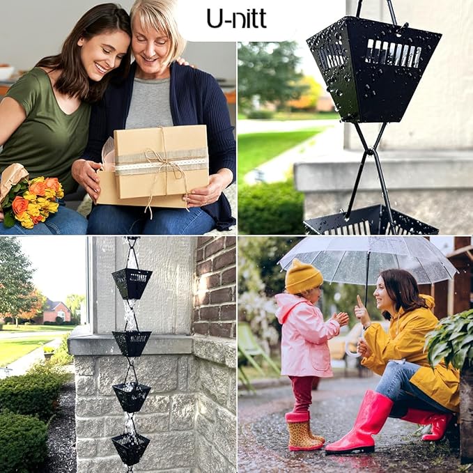 U-nitt Rain Chain Water Collection for Gutters Rainwater Catcher & Diverter, 8.5 FT Chains for Outside Garden, Black Square Cups, Roof Downspout, Works with Heavy Rain, w/ Gutter Clip for Rainchains