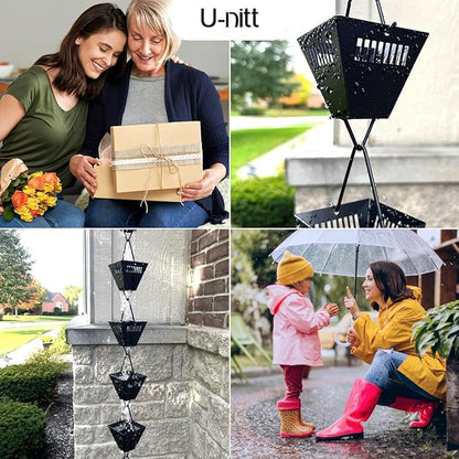 U-nitt Rain Chain Water Collection for Gutters Rainwater Catcher & Diverter, 8.5 FT Chains for Outside Garden, Black Square Cups, Roof Downspout, Works with Heavy Rain, w/ Gutter Clip for Rainchains