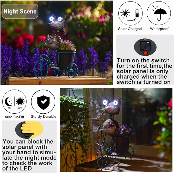 14”Solar Bike Cat Statue Lights Outdoor Metal Yard Art, Funny Bicycle Plant Stand for Garden Patio Decor Lawn Ornaments (Bicycling Cat)