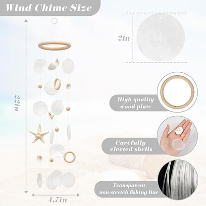 Sea Shells Wind Chimes - Handcrafted White Capiz Shells Windchime with Starfish, Coastal Style Decor for Indoor/Outdoors, Garden Decor, Great Gift for Women, Wind Chimes Lovers and More
