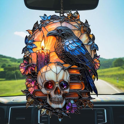 Gothic Raven and Skull Acrylic Suncatcher Stained Glass Effect Window Car Hanging Christmas Ornament Indoor Outdoor Decor Garden Sun Catcher Panel for Gothic Lover for Women Mom Grandma