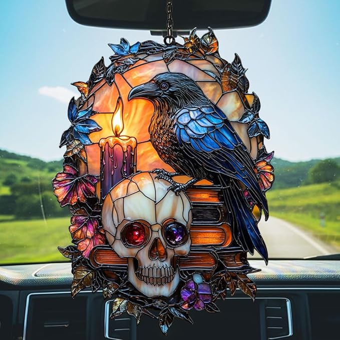 Gothic Raven and Skull Acrylic Suncatcher Stained Glass Effect Window Car Hanging Christmas Ornament Indoor Outdoor Decor Garden Sun Catcher Panel for Gothic Lover for Women Mom Grandma
