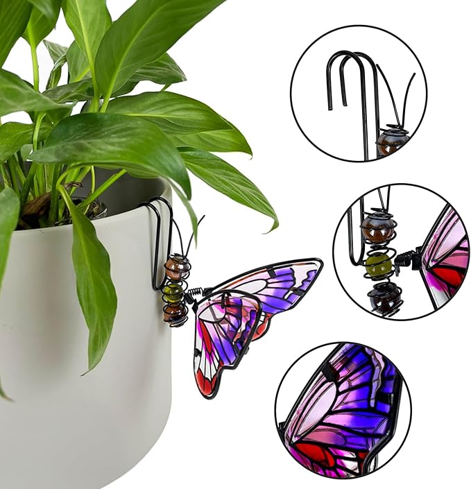 3Pcs Butterfly Decorations for Flower Pots - Iron and Glass Painted Hanging Butterflys Ornaments, Plant Pot Potted Hanger Figurines, Outdoor Garden Pendant Decor (Butterfly)