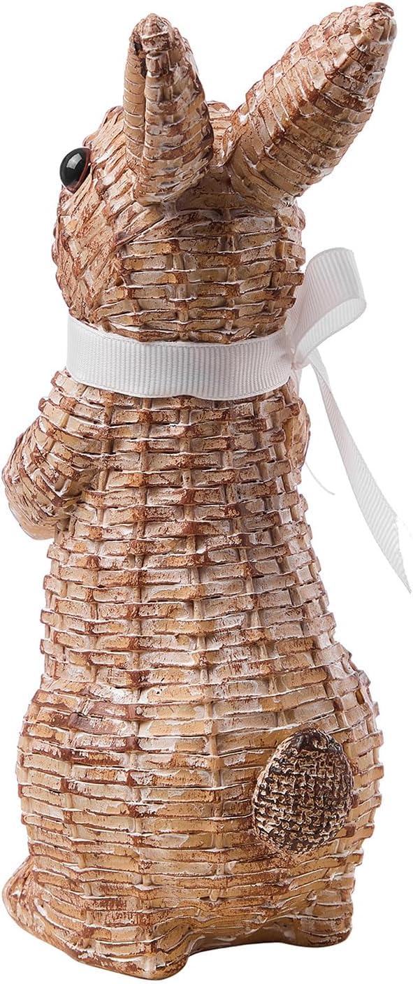 Rattan Rabbit Woven Rabbit Bow Resin Ornaments for Home Courtyard Lawn Tabletop and Easter Decoration to Enhance The Easter Atmosphere Preferred Easter Gifts (8.1in Brown Station)