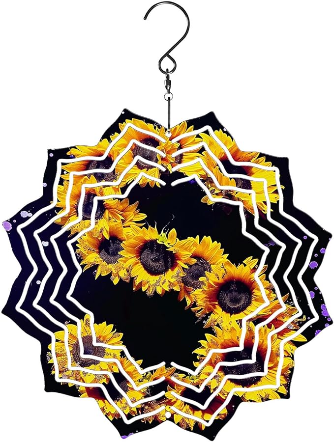8 Inch Sublimation Wind Spinner, 3D Aluminum Metal Wind Spinner with Hook, Indoor Yard Garden Hanging Decoration, Weather Resistant Rotating Spiral Ornament, Sunflower Number 5