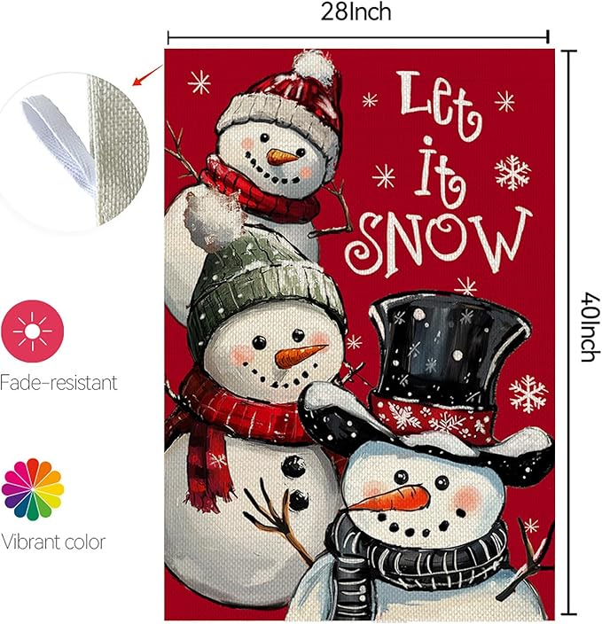 CROWNED BEAUTY Christmas Snowman House Flag 28x40 Inch Double Sided Red Xmas Let It Snow Decoration for Outside Yard CF1898-40