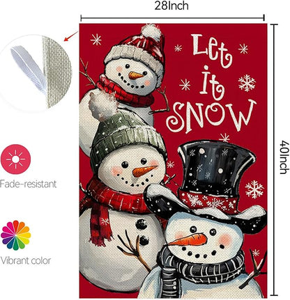 CROWNED BEAUTY Christmas Snowman House Flag 28x40 Inch Double Sided Red Xmas Let It Snow Decoration for Outside Yard CF1898-40