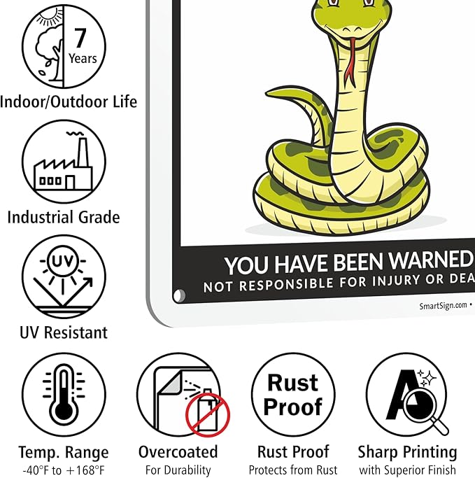 SmartSign Beware Of Snakes Warning Sign - 10"x7", 40 mil Laminated Rust-free Aluminum, Metal Signs for Snake Cave Cage Habitat Decor, Tank Accessories, Outdoors, Gifts - Funny Snakes Theme, USA-Made