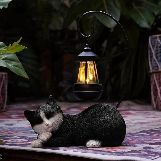 Solar Garden Statue with LED Lights - Cute Sleep Cat Sculpture, Waterproof Resin Ornament for Lawn, Patio, Yard, Balcony & Home Decor, Solar Powered Light for Outdoor and Indoor Spaces