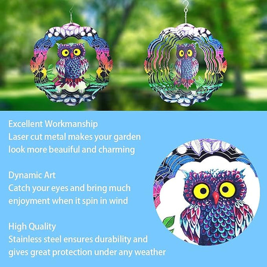 Owl Wind Spinner, 3D Kinetic Art with Sparkling Glitter, 12 Inch Multi-Layer Stainless Steel Garden Decor, Weatherproof Yard Spinner for Patio, Porch, Indoor Holiday Decoration