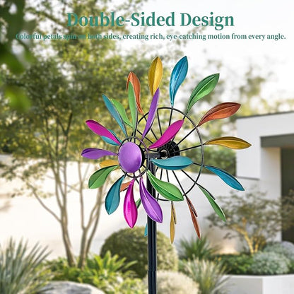 Wind Spinners Outdoor Metal, 360° Kinetic Wind Spinner with Stake, Metal Garden Yard Patio Lawn Windmill Decor (12.6" Dia, 56.7" H, Rainbow Petal)