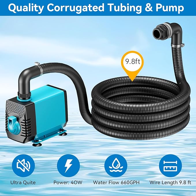 POPOSOAP Pond Waterfall Spillway with Pump Kit, 304 Stainless Steel Waterfall with Filtration & 660GPH Pond Pump & 9.8FT Tubing Outdoor Fountain Kit for Garden,Backyard Decor,13.4" H x 8"W-P432