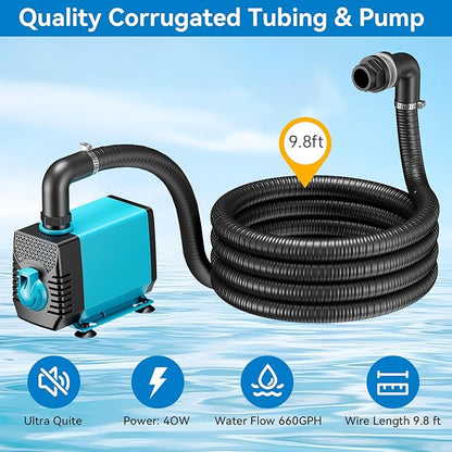 POPOSOAP Pond Waterfall Spillway with Pump Kit, 304 Stainless Steel Waterfall with Filtration & 660GPH Pond Pump & 9.8FT Tubing Outdoor Fountain Kit for Garden,Backyard Decor,13.4" H x 8"W-P432