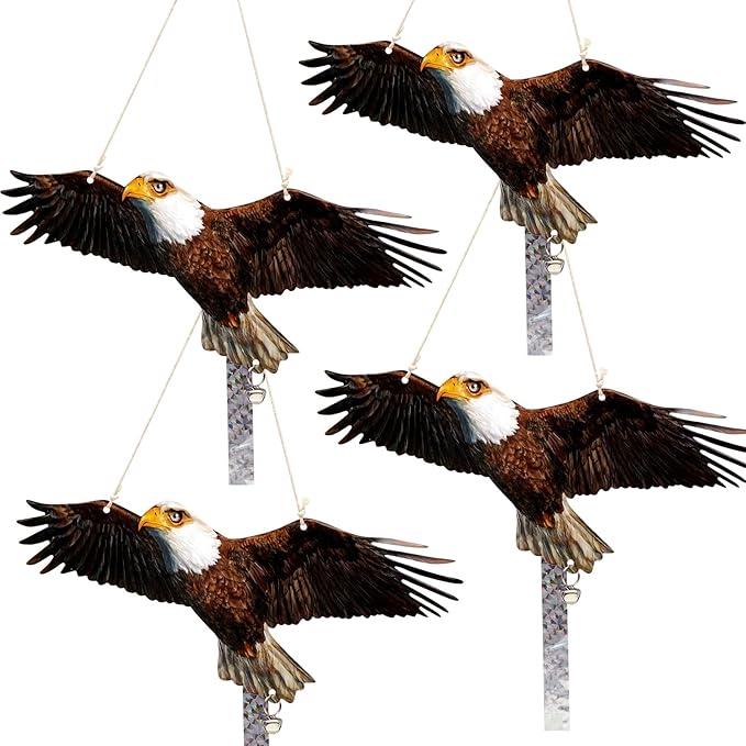 4Pack Plastic Owl Fake Owls, Reflective Owl Hanging Decoration, Barn Swallow Deterrent Dual-Side Printed Raster Fake Eagle for Garden Patio Windows